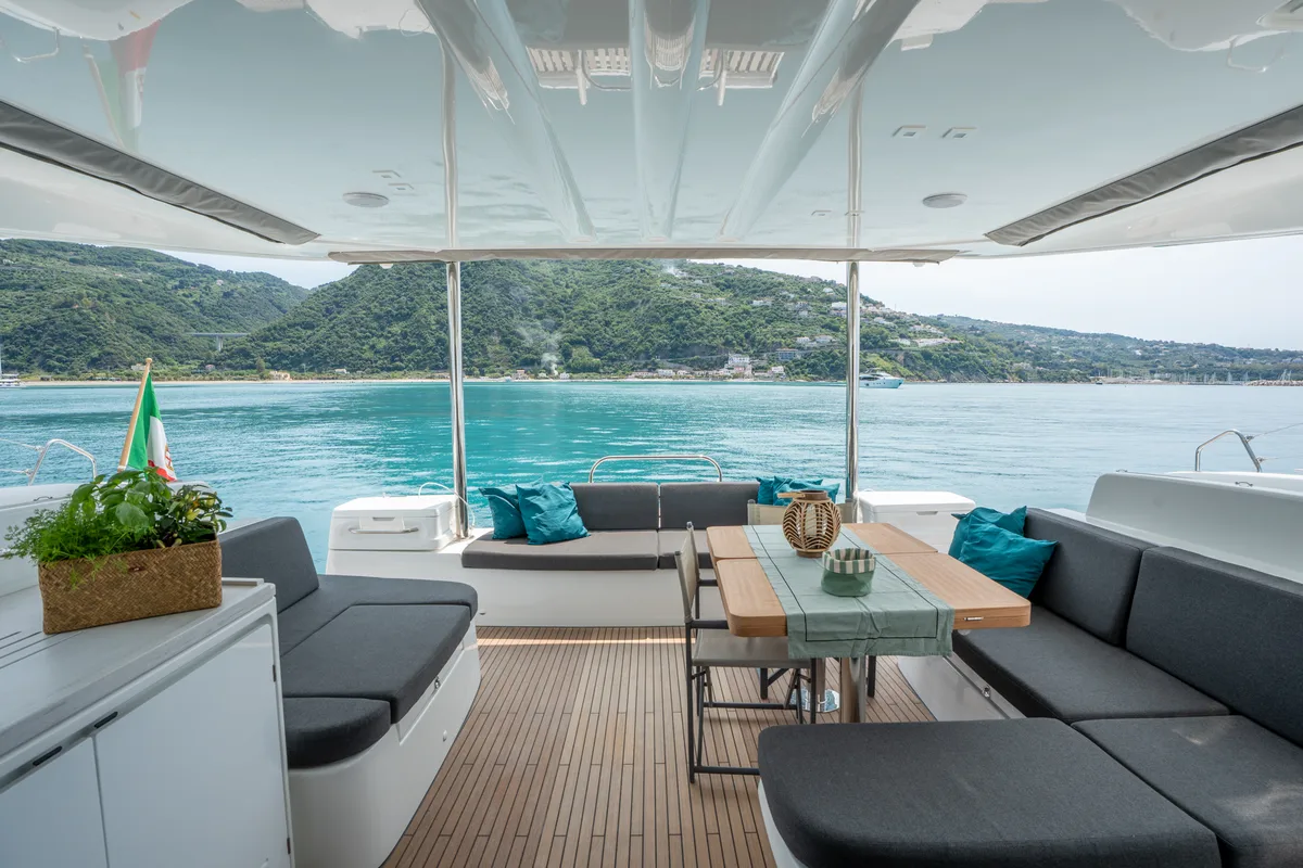 Deck of SAILUXE - Allegra, a Lagoon 51 catamaran at Olbia, Italy