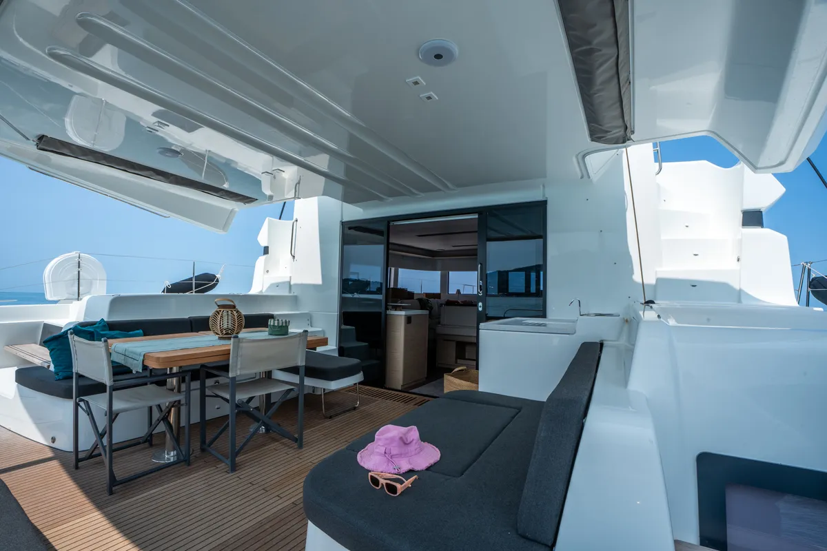 Deck of SAILUXE - Allegra, a Lagoon 51 catamaran at Olbia, Italy