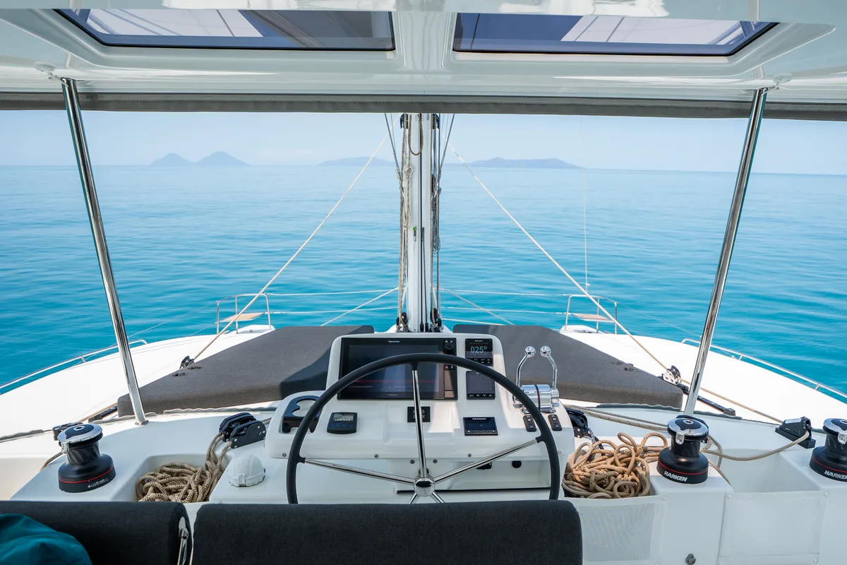 Cockpit of SAILUXE - Allegra, a Lagoon 51 catamaran at Olbia, Italy