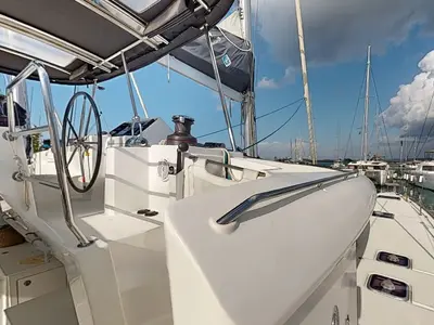 Cockpit of Zacapa, a Lagoon 450 F catamaran at Municipal Unit of Ellomenos, Greece