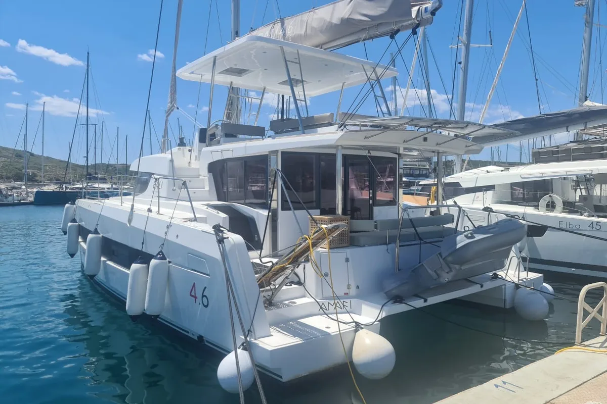 Exterior view of ANAFI - Fully Equipped, a Bali 4.6 catamaran at Lavrion, Greece