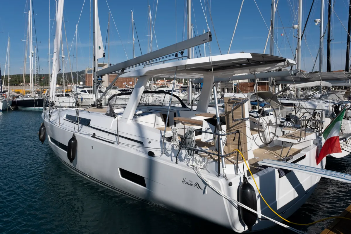 Exterior view of Gin Tonic, a Hanse 460 sailboat at Rosignano Solvay, Italy