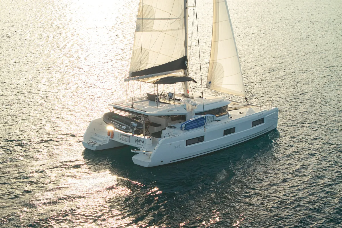 Exterior view of Naya, a Lagoon 46 catamaran at Dubrovnik, Croatia