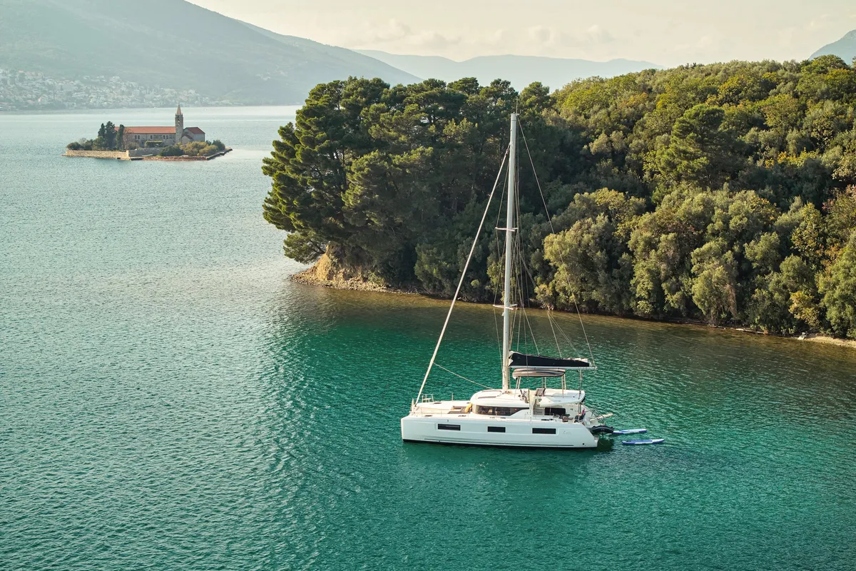 Exterior view of Naya, a Lagoon 46 catamaran at Dubrovnik, Croatia