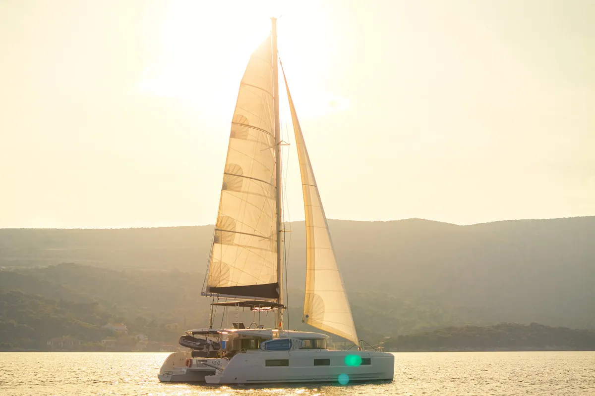 Exterior view of Naya, a Lagoon 46 catamaran at Dubrovnik, Croatia