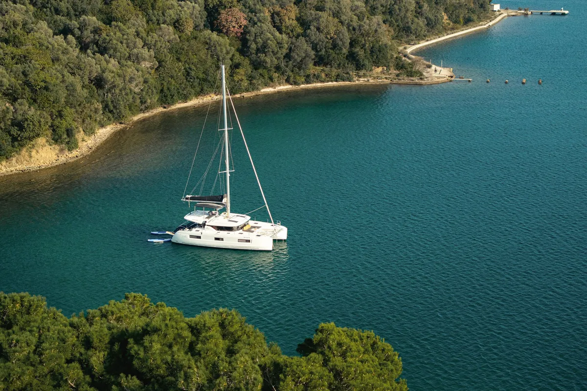 Exterior view of Naya, a Lagoon 46 catamaran at Dubrovnik, Croatia