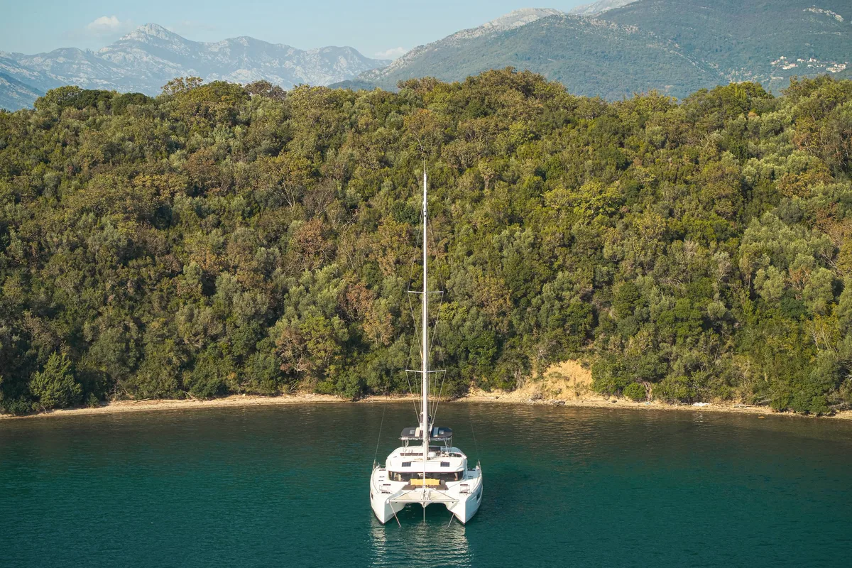 Exterior view of Naya, a Lagoon 46 catamaran at Dubrovnik, Croatia