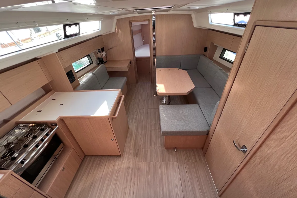 Salon of Kaze Maru, a Bavaria C42 sailboat at Volos, Greece