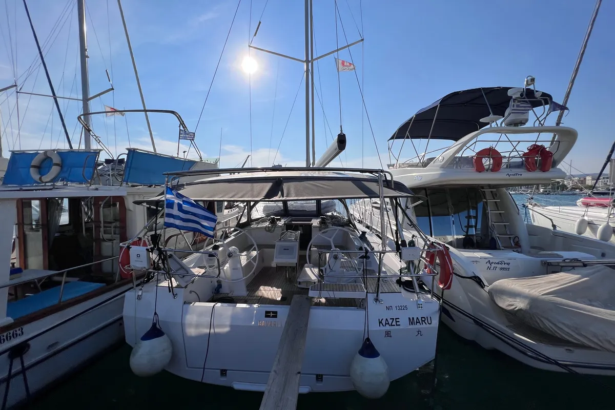 Exterior view of Kaze Maru, a Bavaria C42 sailboat at Volos, Greece