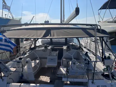Cockpit of Kaze Maru, a Bavaria C42 sailboat at Volos, Greece