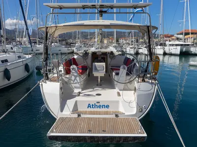 Cockpit of Athene, a Bavaria Cruiser 37 sailboat at Lefkada, Greece