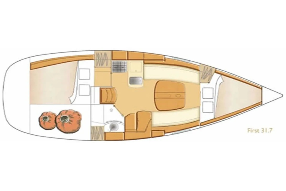 Floor plan of Finisterrae, a Beneteau First 31.7 sailboat at Marsala, Italy