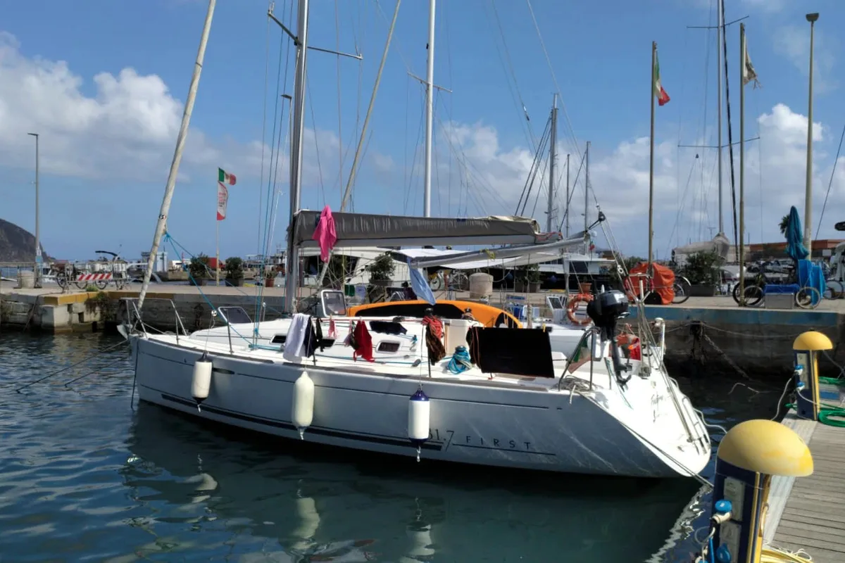 Exterior view of Finisterrae, a Beneteau First 31.7 sailboat at Marsala, Italy