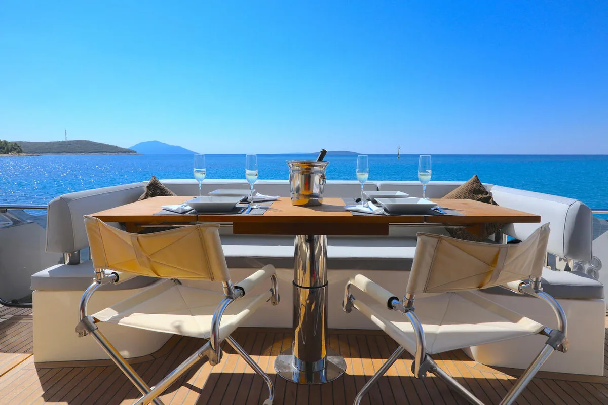Deck of Bella Zio, a Galeon 640 Fly motor yacht at Split, Croatia