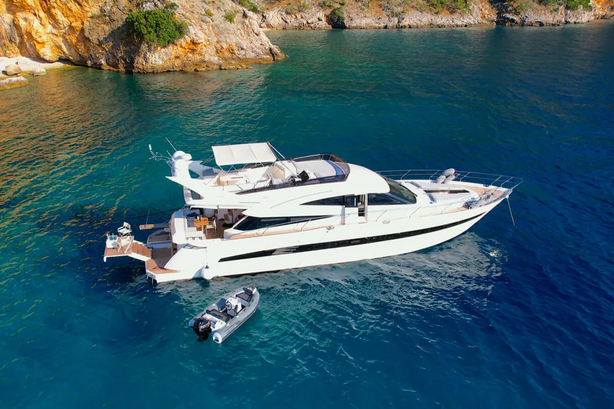 Exterior view of Bella Zio, a Galeon 640 Fly motor yacht at Split, Croatia