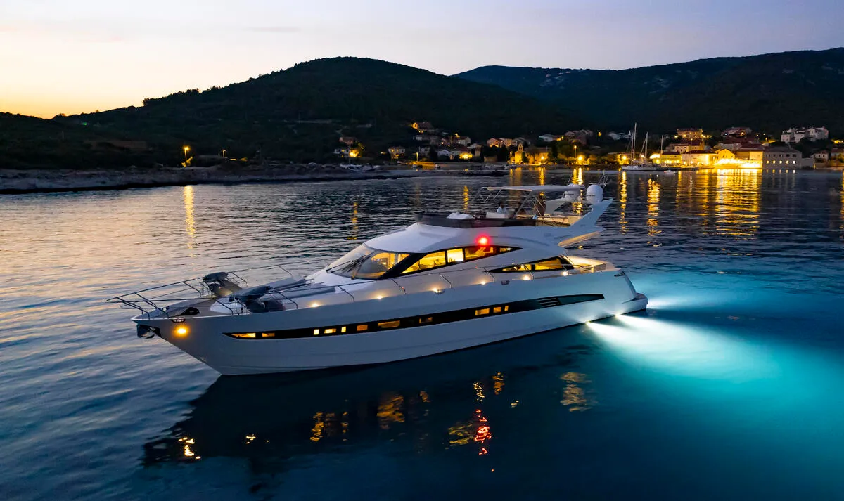 Exterior view of Bella Zio, a Galeon 640 Fly motor yacht at Split, Croatia