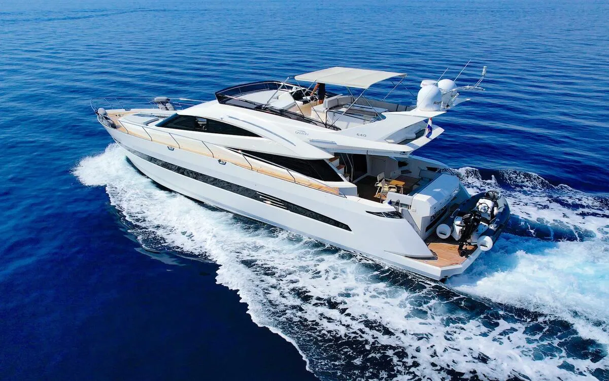 Exterior view of Bella Zio, a Galeon 640 Fly motor yacht at Split, Croatia