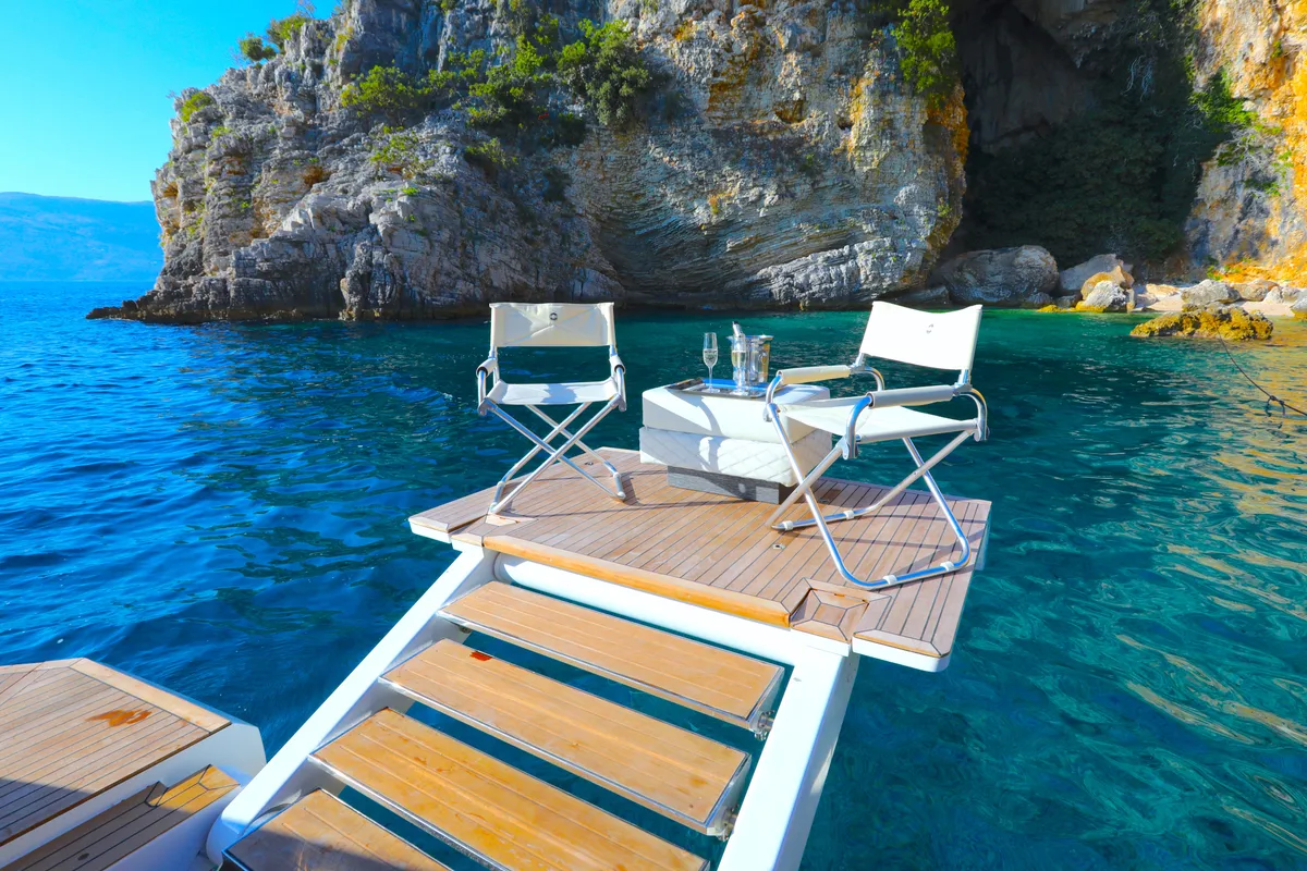 Deck of Bella Zio, a Galeon 640 Fly motor yacht at Split, Croatia