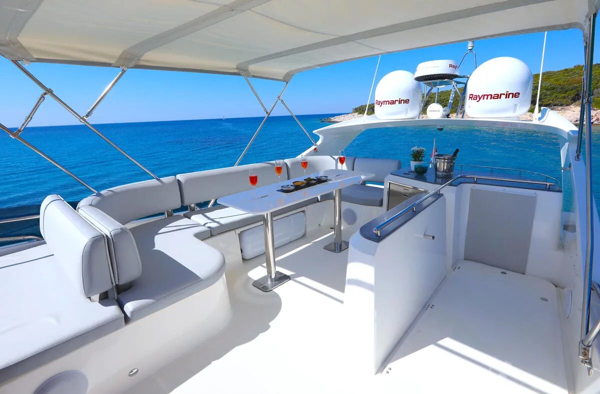Deck of Bella Zio, a Galeon 640 Fly motor yacht at Split, Croatia