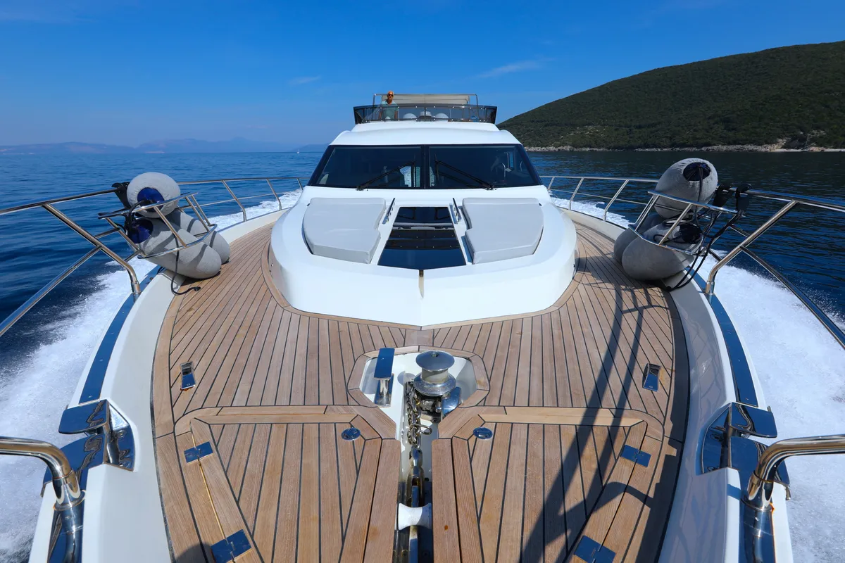 Deck of Bella Zio, a Galeon 640 Fly motor yacht at Split, Croatia