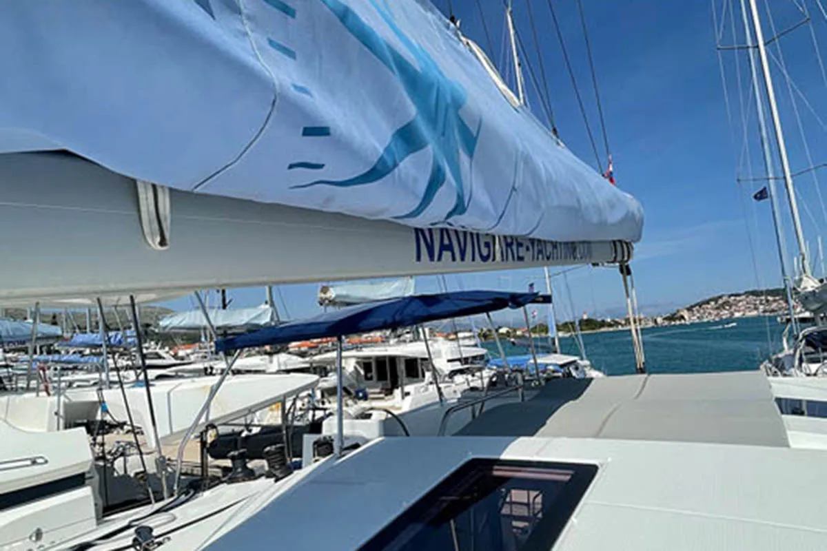 Deck of Barramundi III, a Fountaine Pajot Astrea 42 catamaran at Seget Donji, Croatia