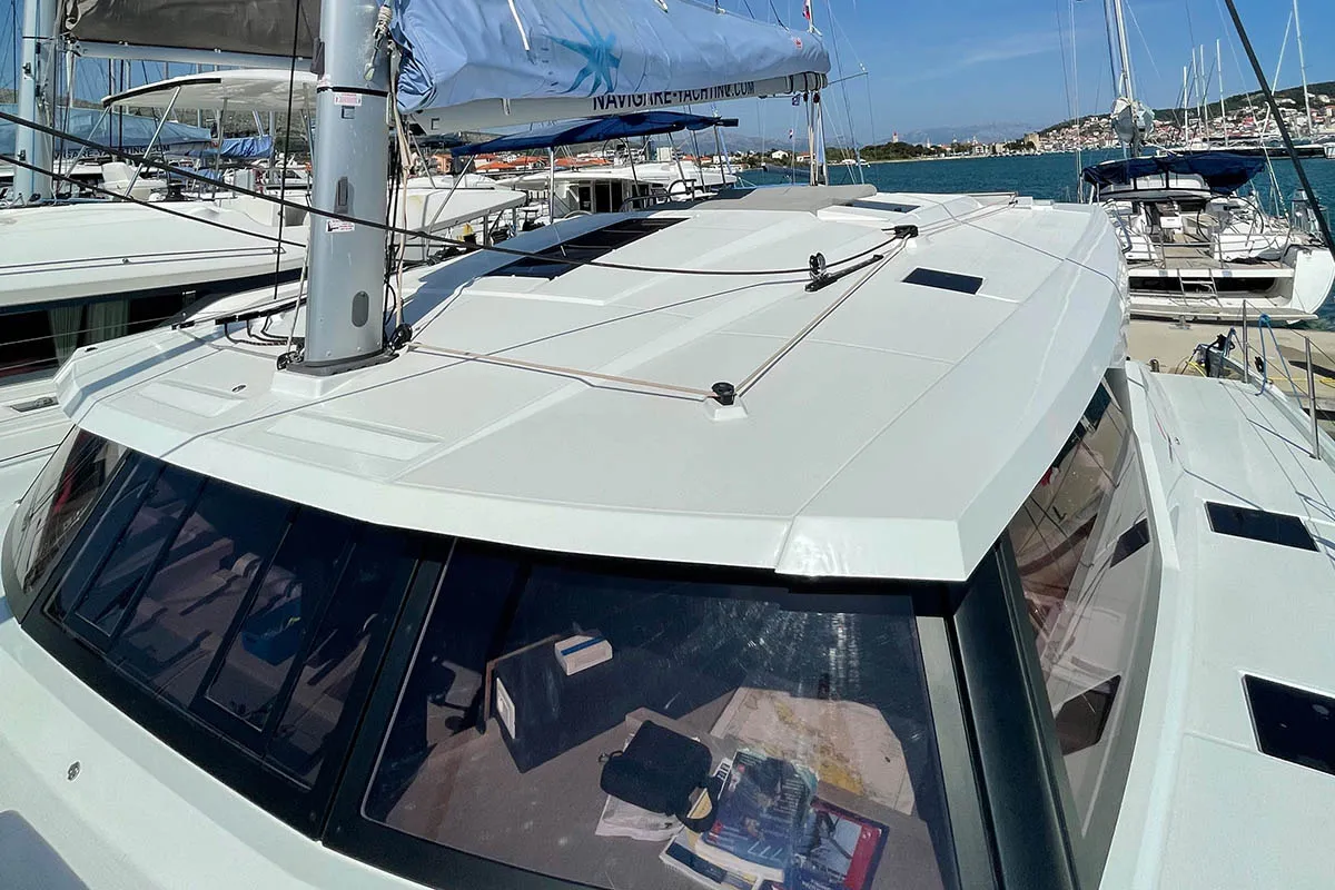 Deck of Barramundi III, a Fountaine Pajot Astrea 42 catamaran at Seget Donji, Croatia