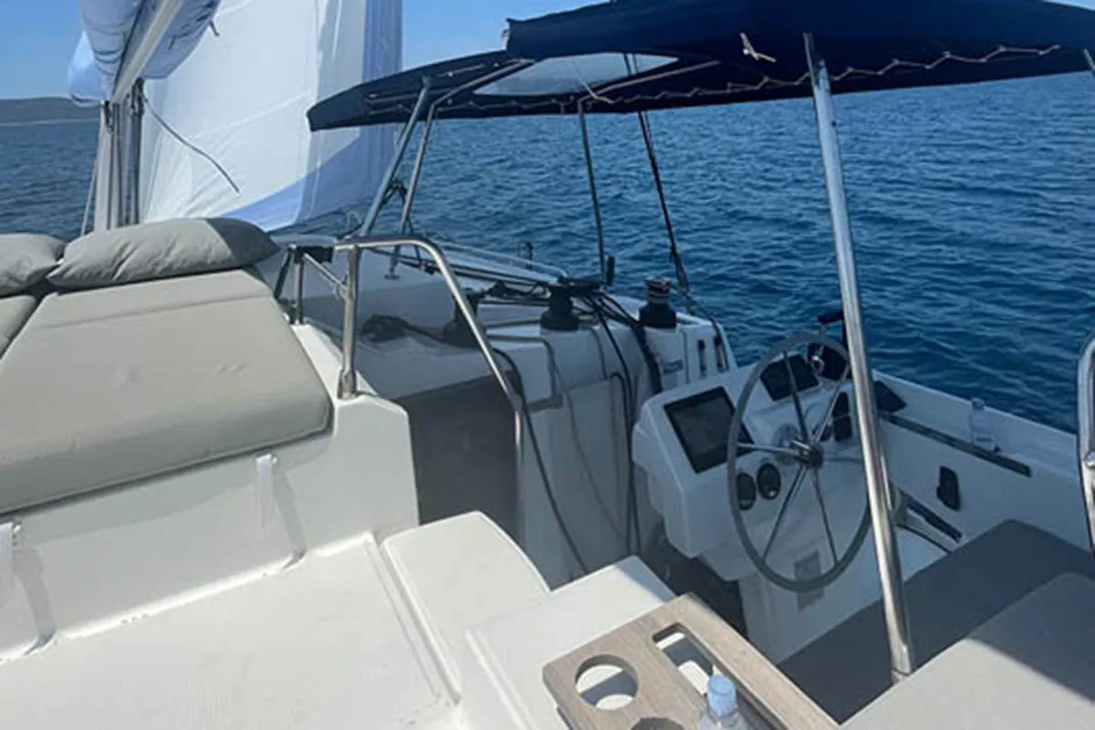 Deck of Barramundi III, a Fountaine Pajot Astrea 42 catamaran at Seget Donji, Croatia