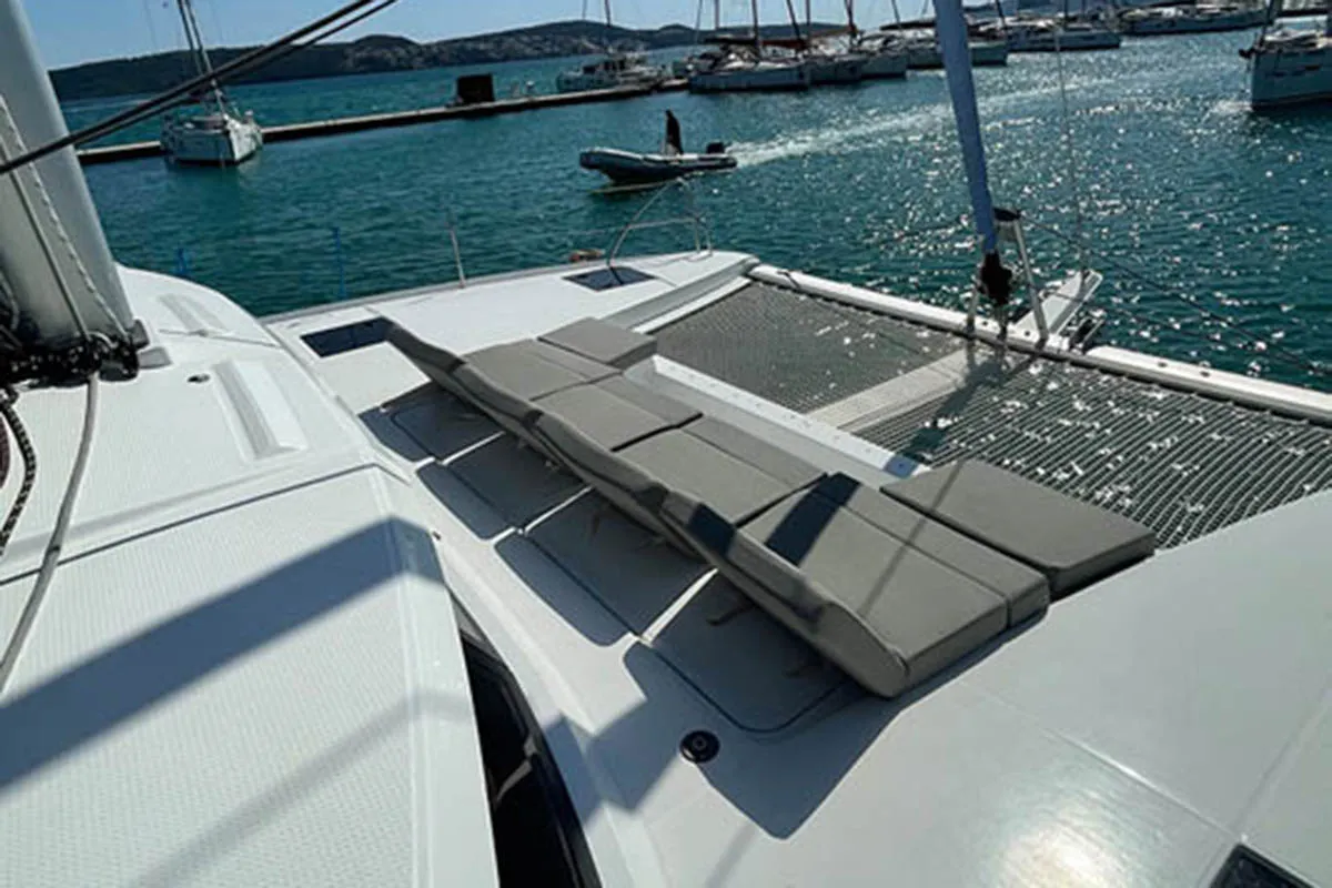 Deck of Barramundi III, a Fountaine Pajot Astrea 42 catamaran at Seget Donji, Croatia