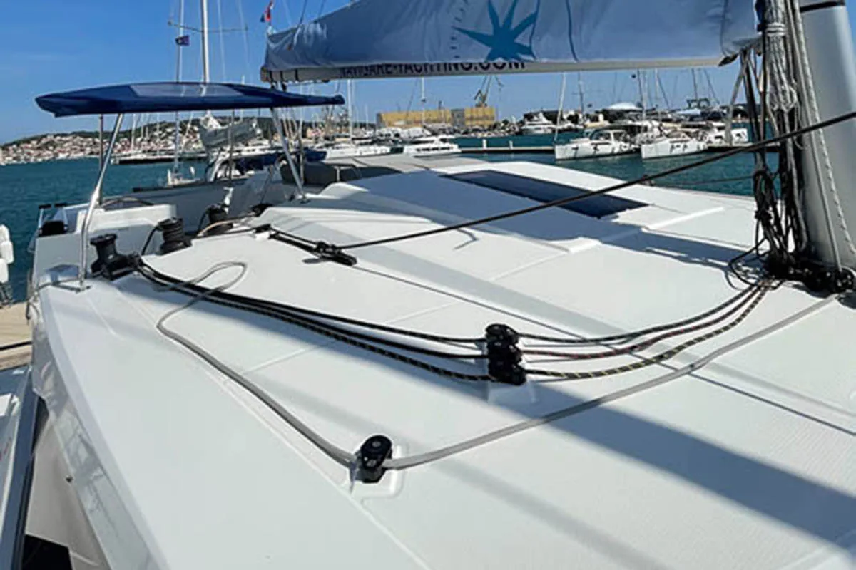 Deck of Barramundi III, a Fountaine Pajot Astrea 42 catamaran at Seget Donji, Croatia