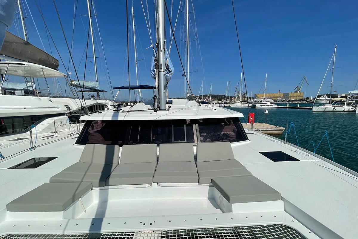 Cockpit of Barramundi III, a Fountaine Pajot Astrea 42 catamaran at Seget Donji, Croatia