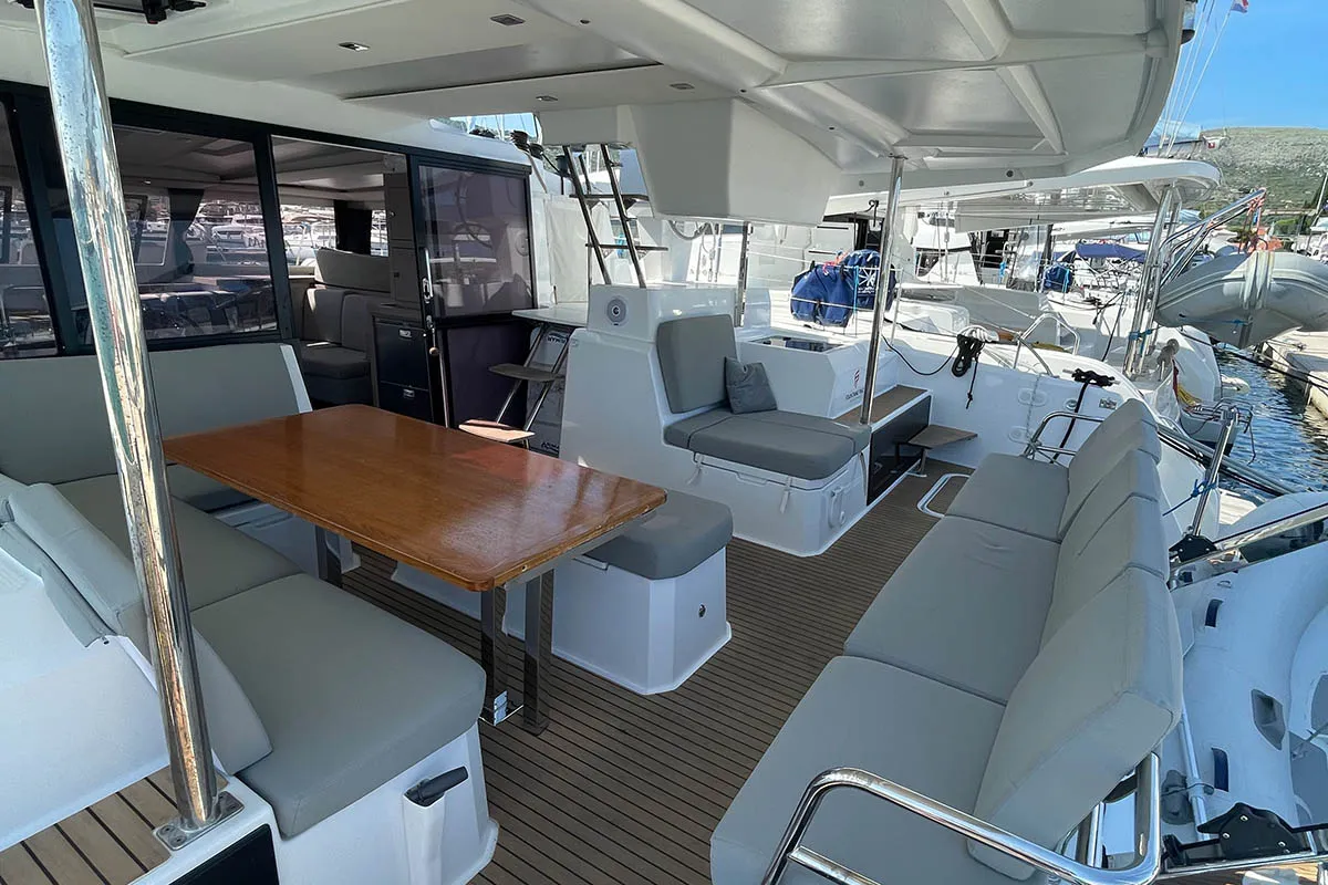 Deck of Barramundi III, a Fountaine Pajot Astrea 42 catamaran at Seget Donji, Croatia