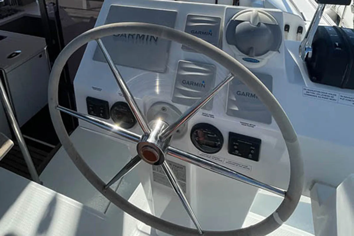 Cockpit of Barramundi III, a Fountaine Pajot Astrea 42 catamaran at Seget Donji, Croatia