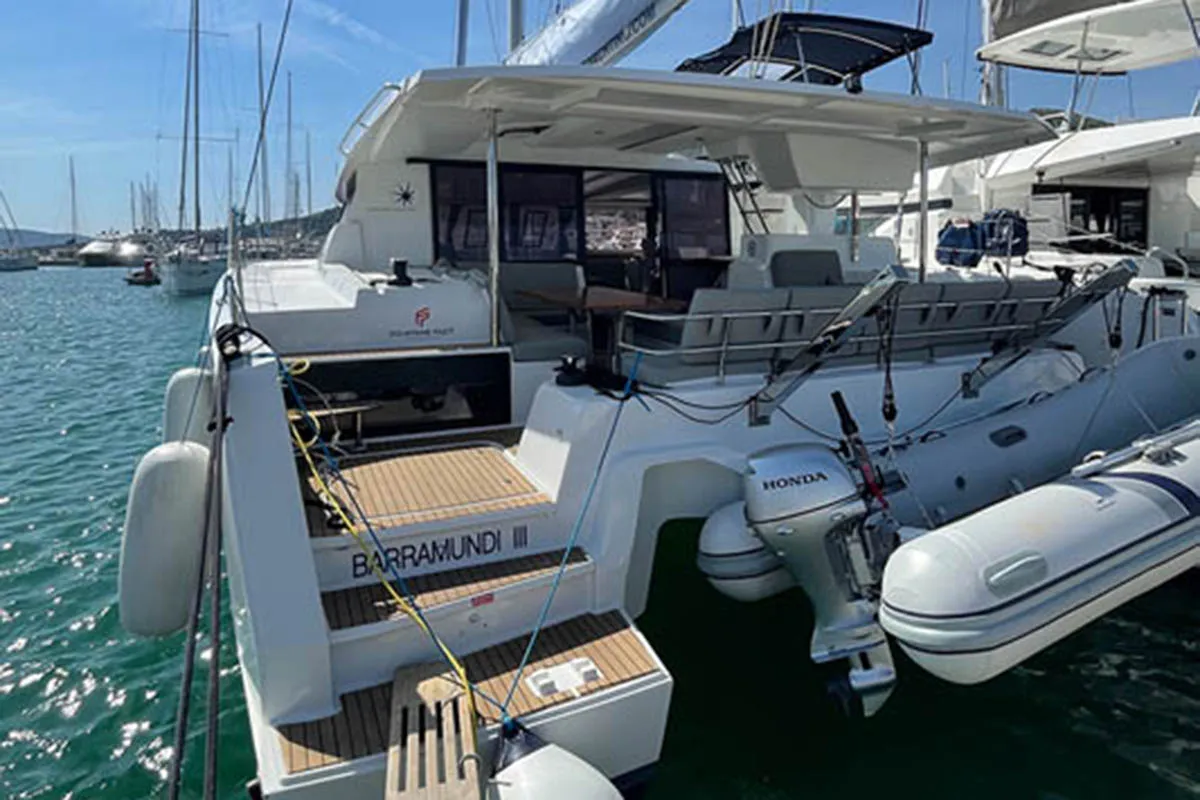 Cockpit of Barramundi III, a Fountaine Pajot Astrea 42 catamaran at Seget Donji, Croatia