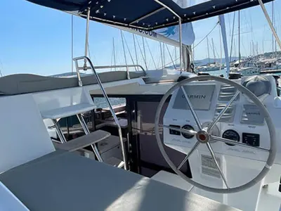 Cockpit of Barramundi III, a Fountaine Pajot Astrea 42 catamaran at Seget Donji, Croatia