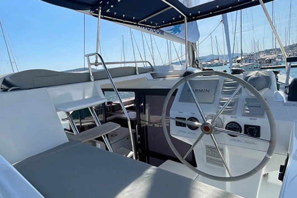 Cockpit of Barramundi III, a Fountaine Pajot Astrea 42 catamaran at Seget Donji, Croatia