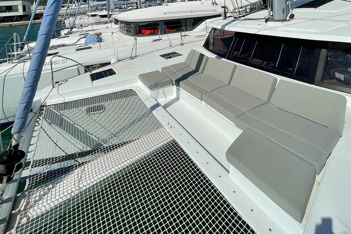 Deck of Barramundi III, a Fountaine Pajot Astrea 42 catamaran at Seget Donji, Croatia