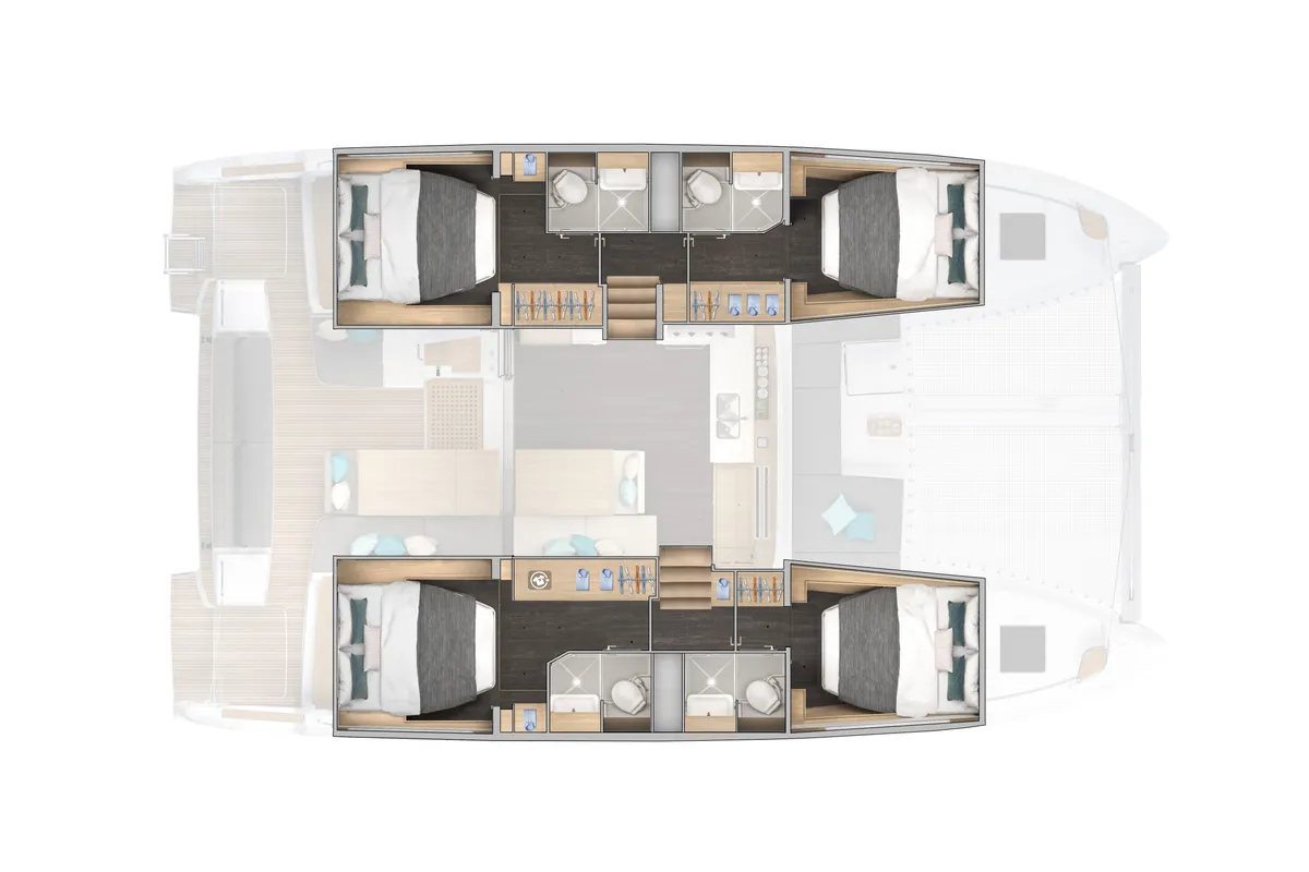 Floor plan of Lagoon 43, a catamaran at Capo d'Orlando, Italy