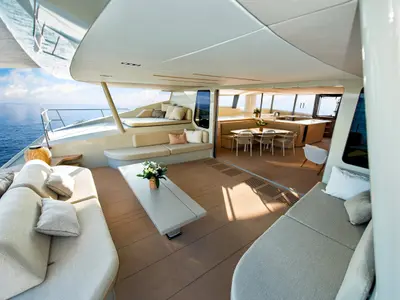 Deck of Ganany, a Gulet ModX 70 catamaran at Ajaccio, France