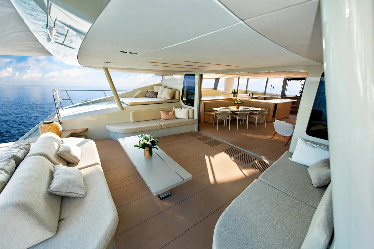 Deck of Ganany, a Gulet ModX 70 catamaran at Ajaccio, France