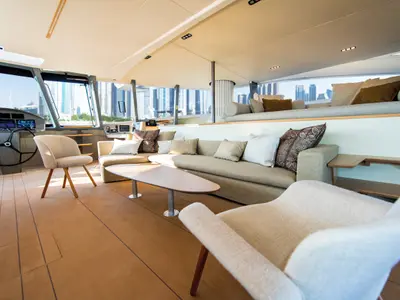 Salon of Ganany, a Gulet ModX 70 catamaran at Ajaccio, France
