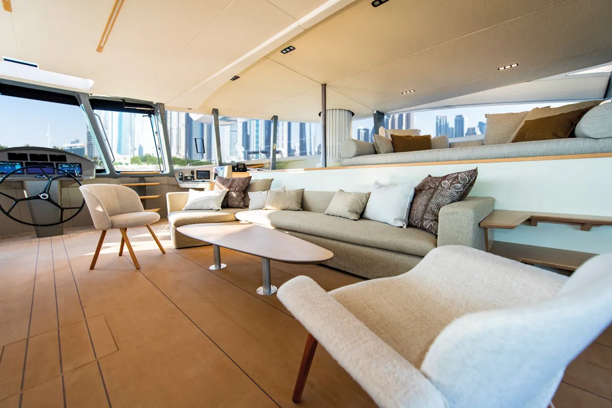 Salon of Ganany, a Gulet ModX 70 catamaran at Ajaccio, France