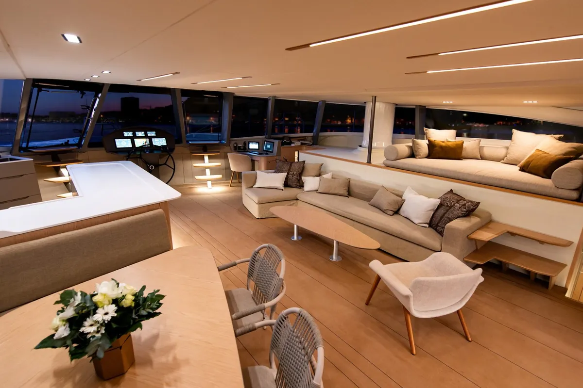Salon of Ganany, a Gulet ModX 70 catamaran at Ajaccio, France