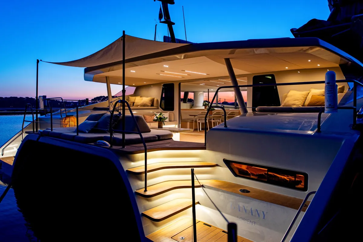 Deck of Ganany, a Gulet ModX 70 catamaran at Ajaccio, France