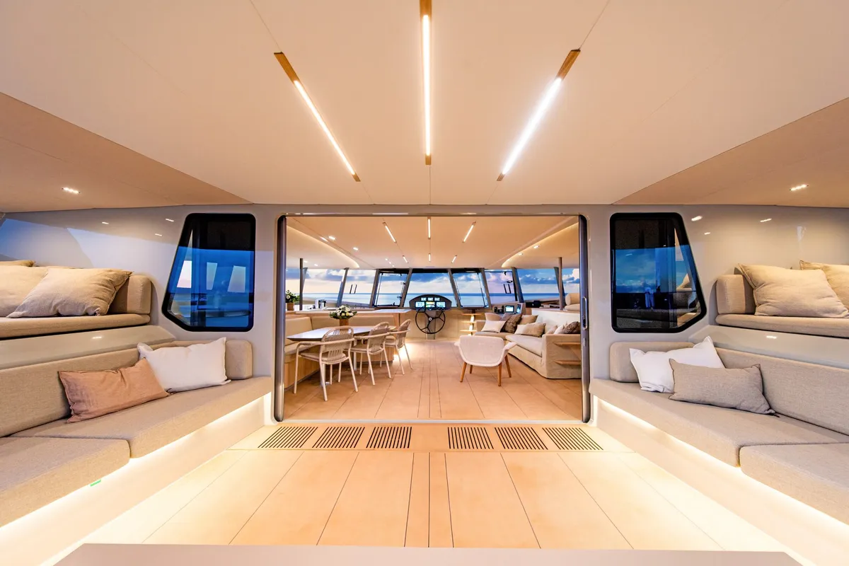 Salon of Ganany, a Gulet ModX 70 catamaran at Ajaccio, France