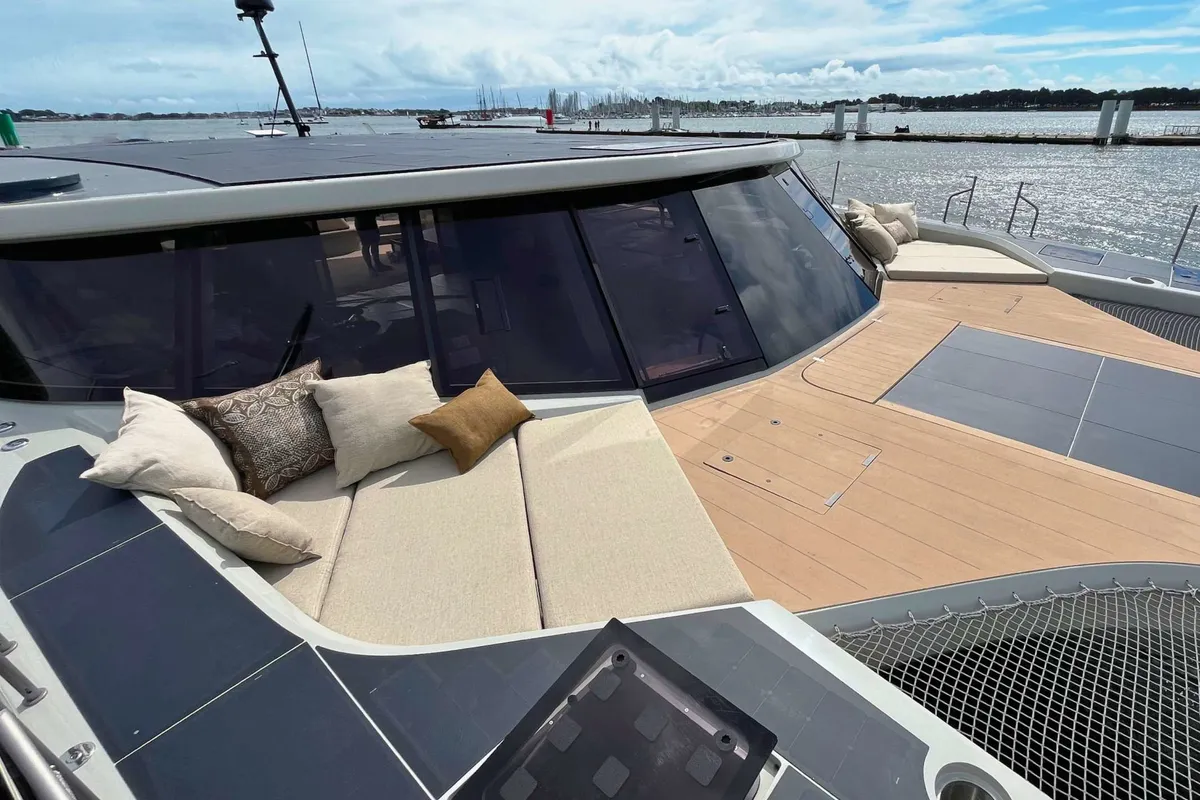 Deck of Ganany, a Gulet ModX 70 catamaran at Ajaccio, France
