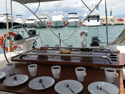 Deck of Maximum, a Bavaria Cruiser 56 sailboat at Llucmajor, Spain