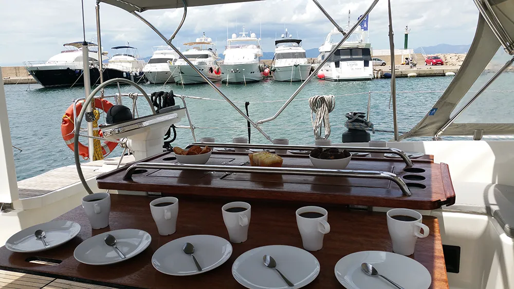 Deck of Maximum, a Bavaria Cruiser 56 sailboat at Llucmajor, Spain
