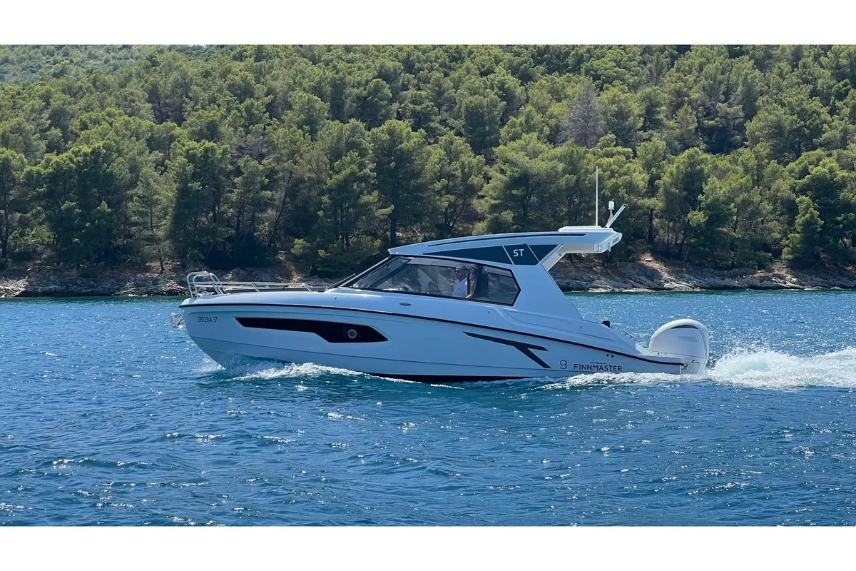 Exterior view of Alba, a Finnmaster T9 ST motorboat at Grad Trogir, Croatia