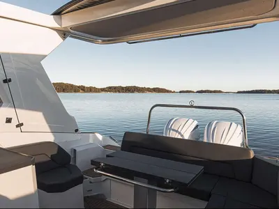 Deck of Alba, a Finnmaster T9 ST motorboat at Grad Trogir, Croatia