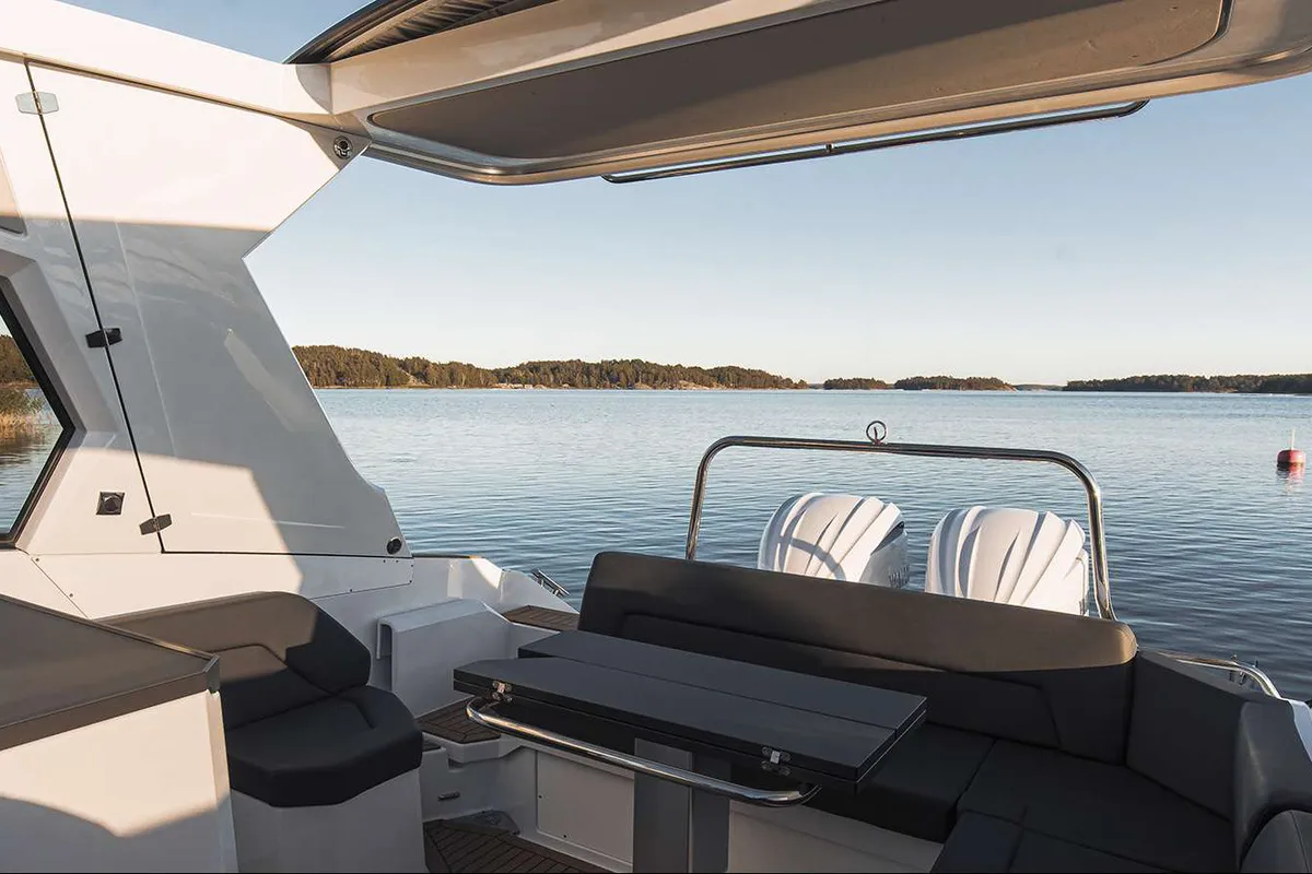 Deck of Alba, a Finnmaster T9 ST motorboat at Grad Trogir, Croatia